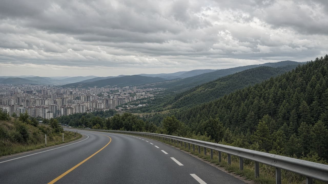 Şehirden çamlık yüksekliğe uzanan bir yolu anlatan görsel